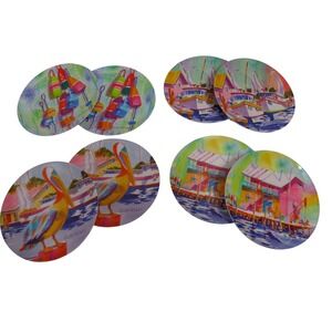 Ellen Negley Melamine Plates Set of 8 Coastal Watercolor Art Pelican Buoy Multi